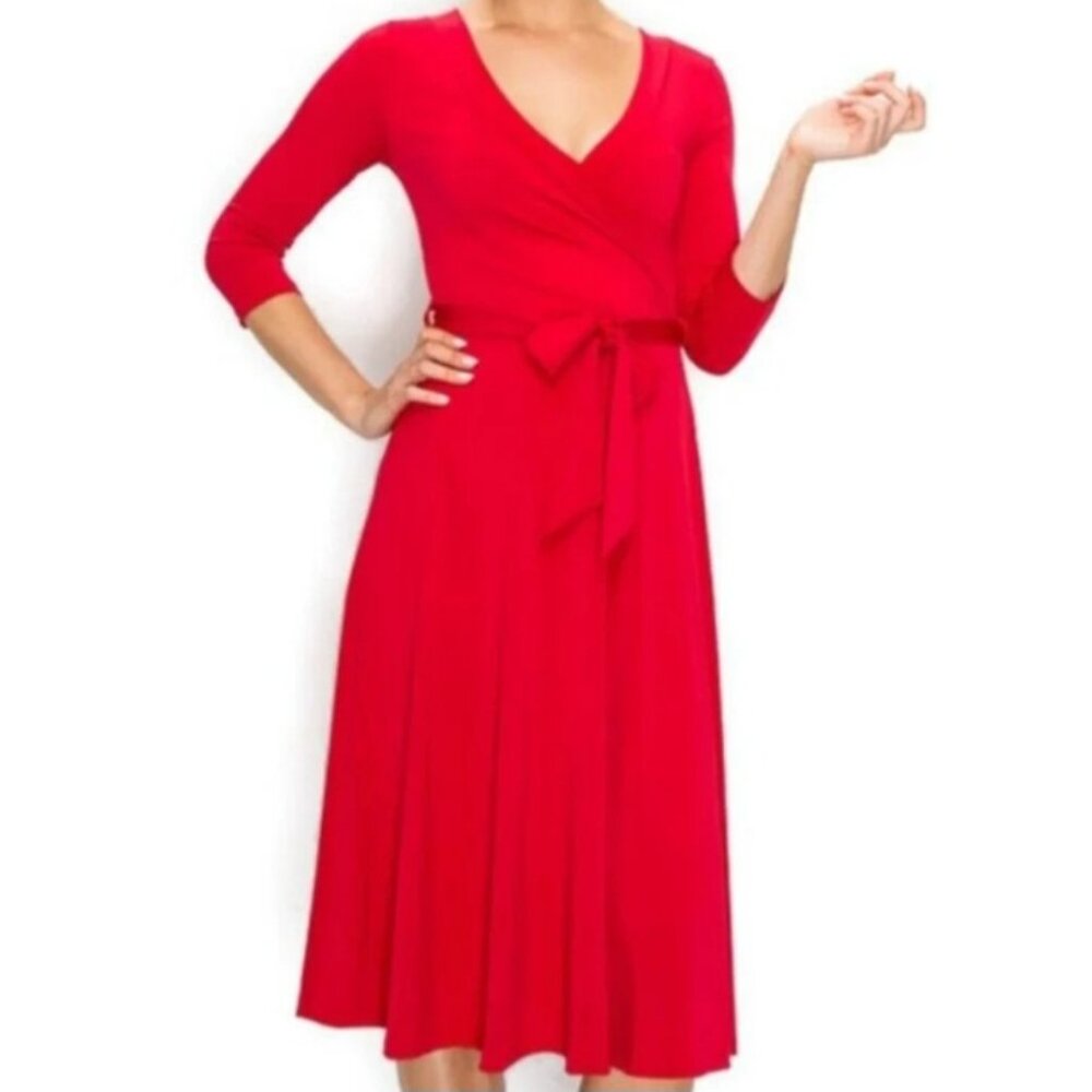 Janette Fashion Red Solid Faux Wrap Knee Length Dress